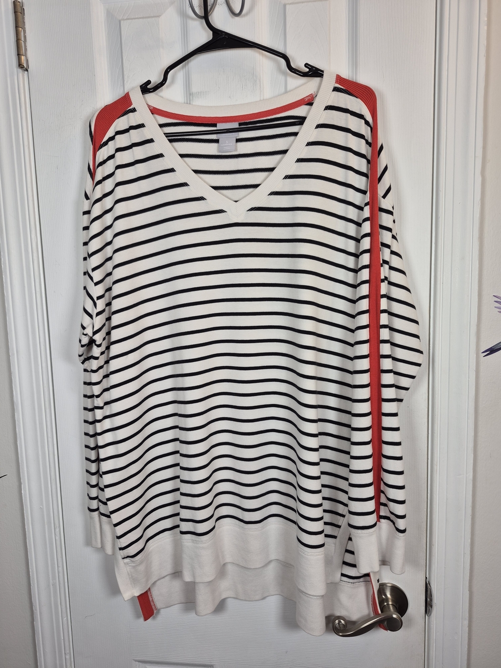 Chico's Zenergy Altheisure Nautical Striped V-Neck Tunic Red Stripe Accent 3/XL